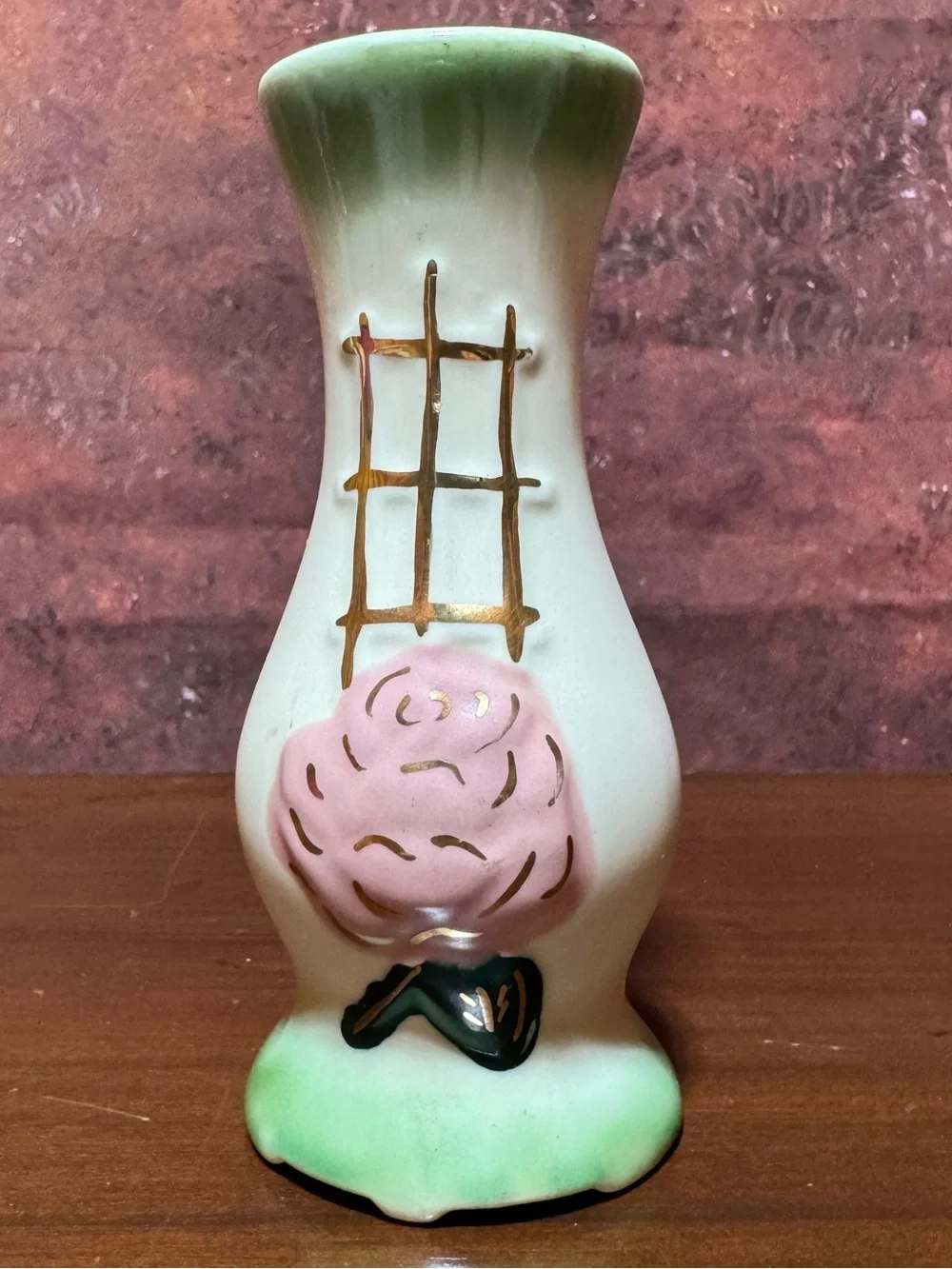 VINTAGE MINI CERAMIC BUD VASE WITH APPLIED PINK ROSE 6”